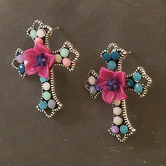 Jewelry - Beaded cross earrings with pink flower